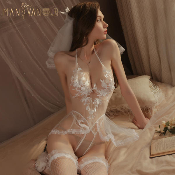 Women’s White Sheer Jacquard Bridal Lingerie Set – Romantic Erotic Uniform for Wedding Nights