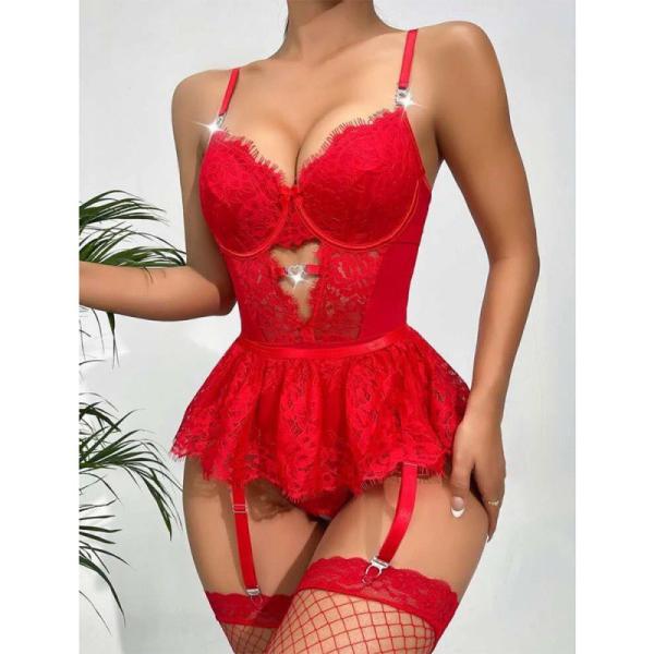 Women’s Erotic Lace Bodysuit – Sexy Sheer Lingerie with Bow Detail, Plus Size Garter One-Piece Nightwear