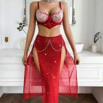 Women’s Red Lace Lingerie Dress – Sexy Sleeveless Nightwear with Sheer Detailing