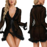 Women’s Sheer Lace Nighty Robe – Fantasy Lingerie with Ribbon Tie