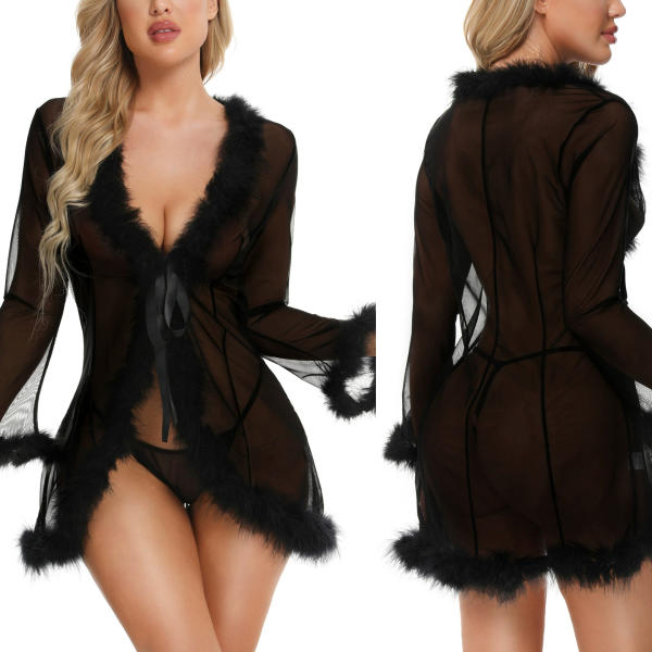 Women’s Sheer Lace Nighty Robe – Fantasy Lingerie with Ribbon Tie