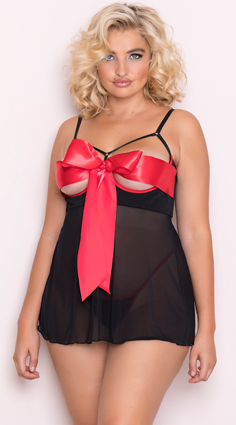 Women’s Lace Lingerie Set – Sexy Black and Red Bow Bodysuit for Curvy Figures