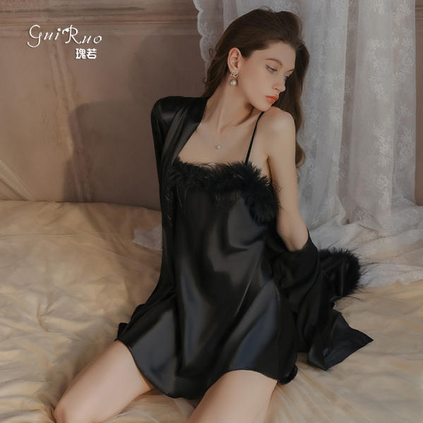 Women’s Satin Sleepwear Set – Sexy Nightdress & Matching Robe in Ice Silk