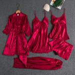 Women’s 5-Piece Ice Silk Sleepwear Set – Lightweight Long Sleeve Loungewear with Robe for Spring & Summer